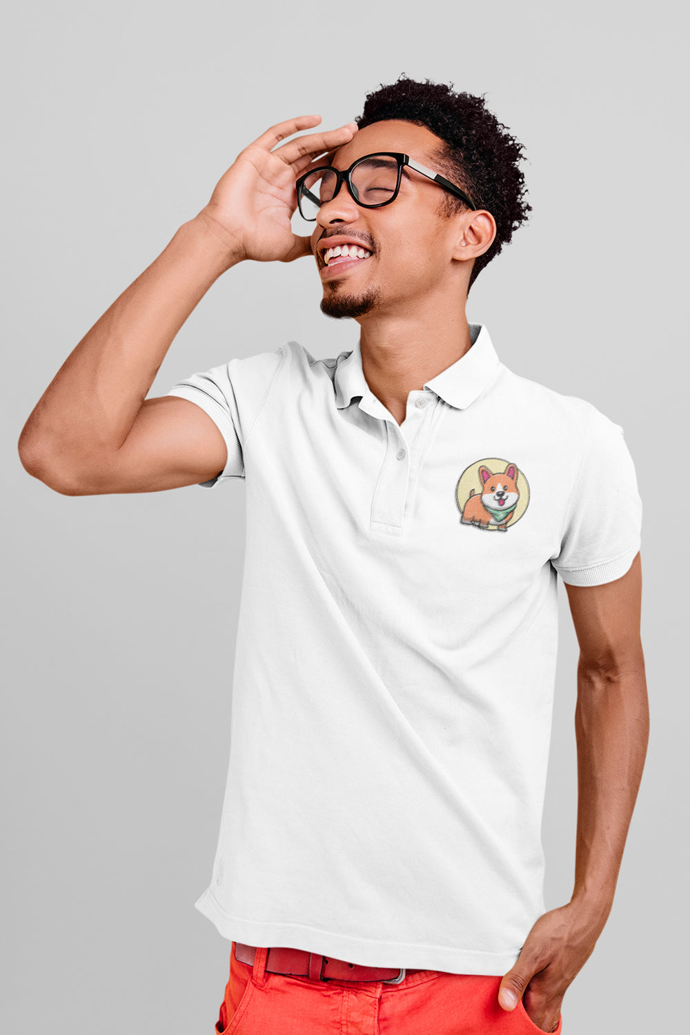 Cute Corgi Pocket Printed White Polo Shirt
