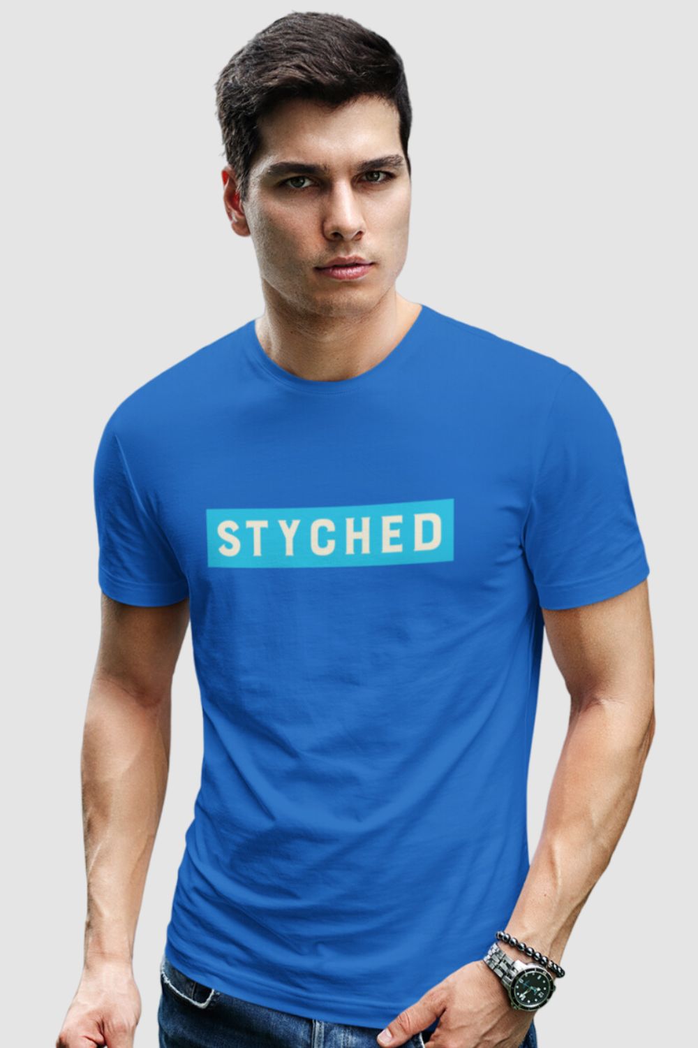 Blue Styched Logo Graphic Printed Blue Tshirt