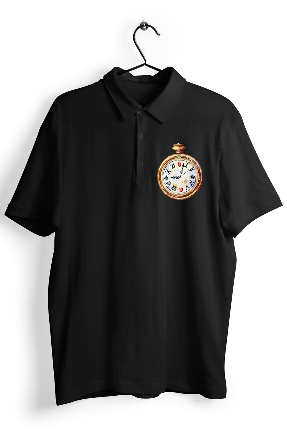 Stop Watch Graphic Pocket Printed Black Polo Shirt