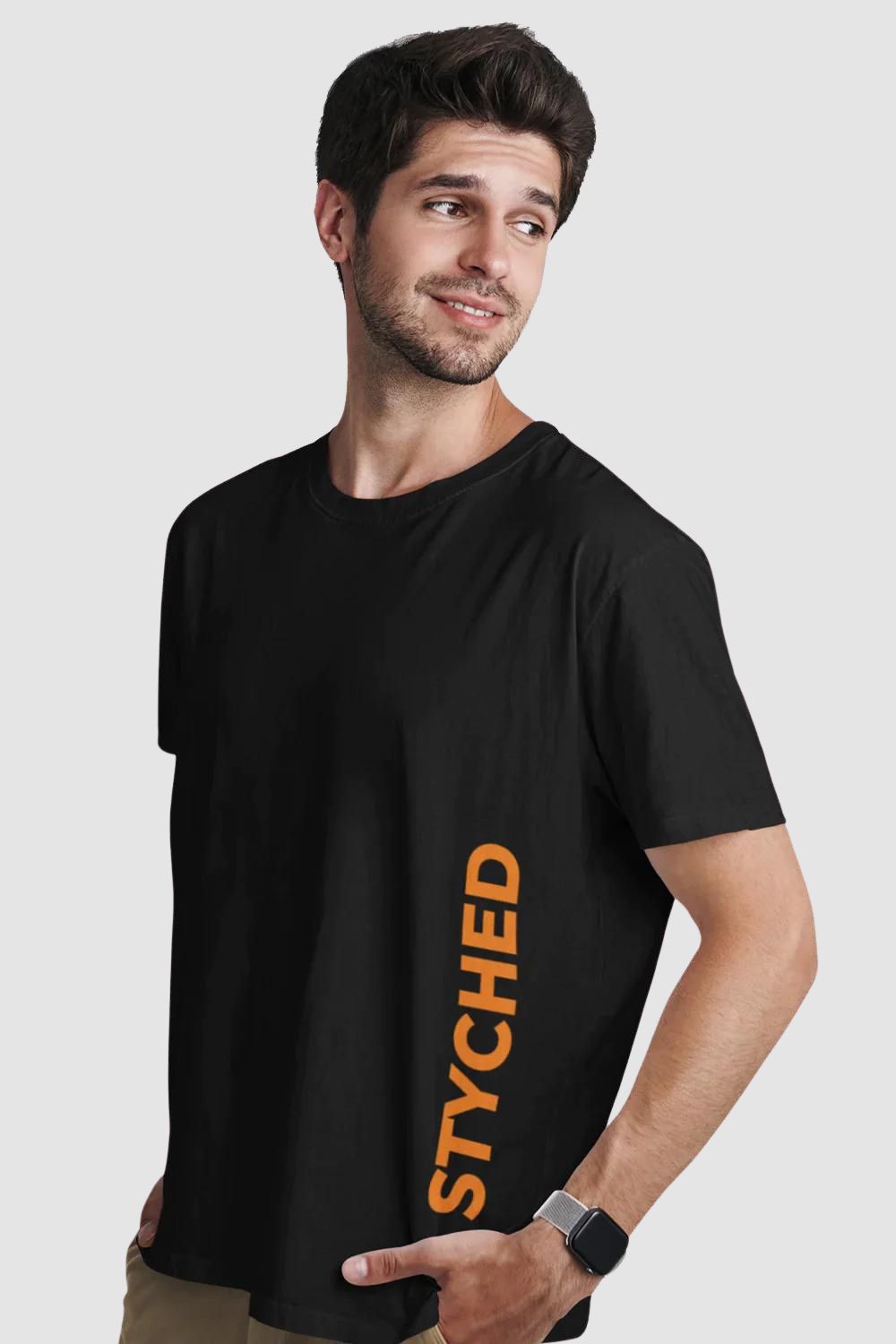 Styched Logo Orange Vertical Font Black Tshirt