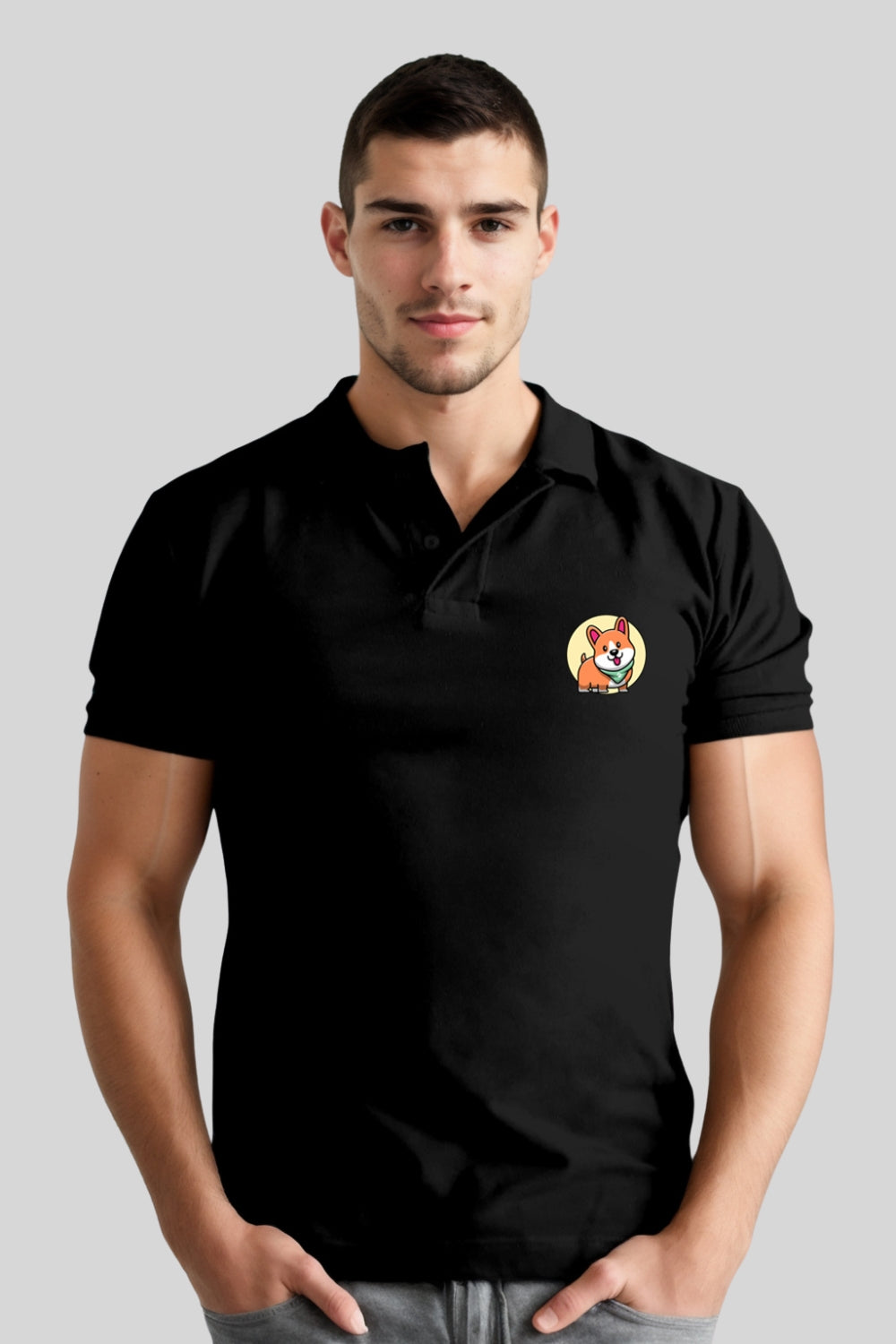 Cute Corgi Pocket Printed Black Polo Shirt