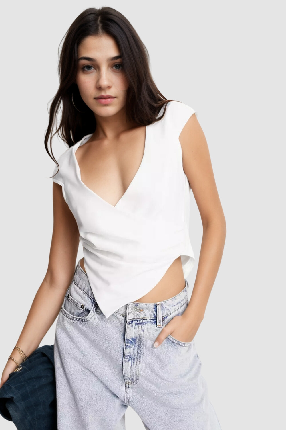 Asymmetric Cap Sleeve Top With Button Detail In White