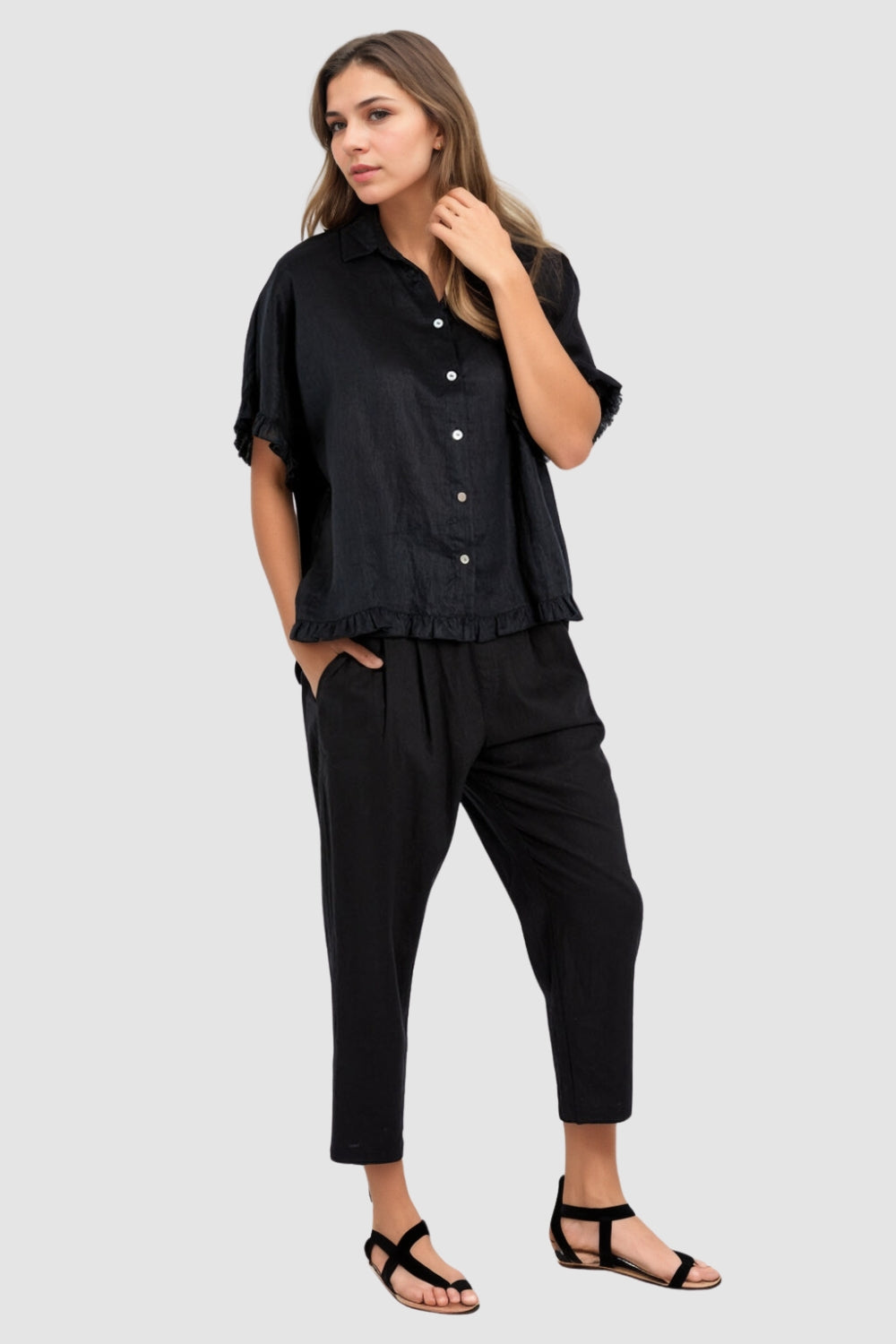Black Shirt With Frilled Hem Sleeve