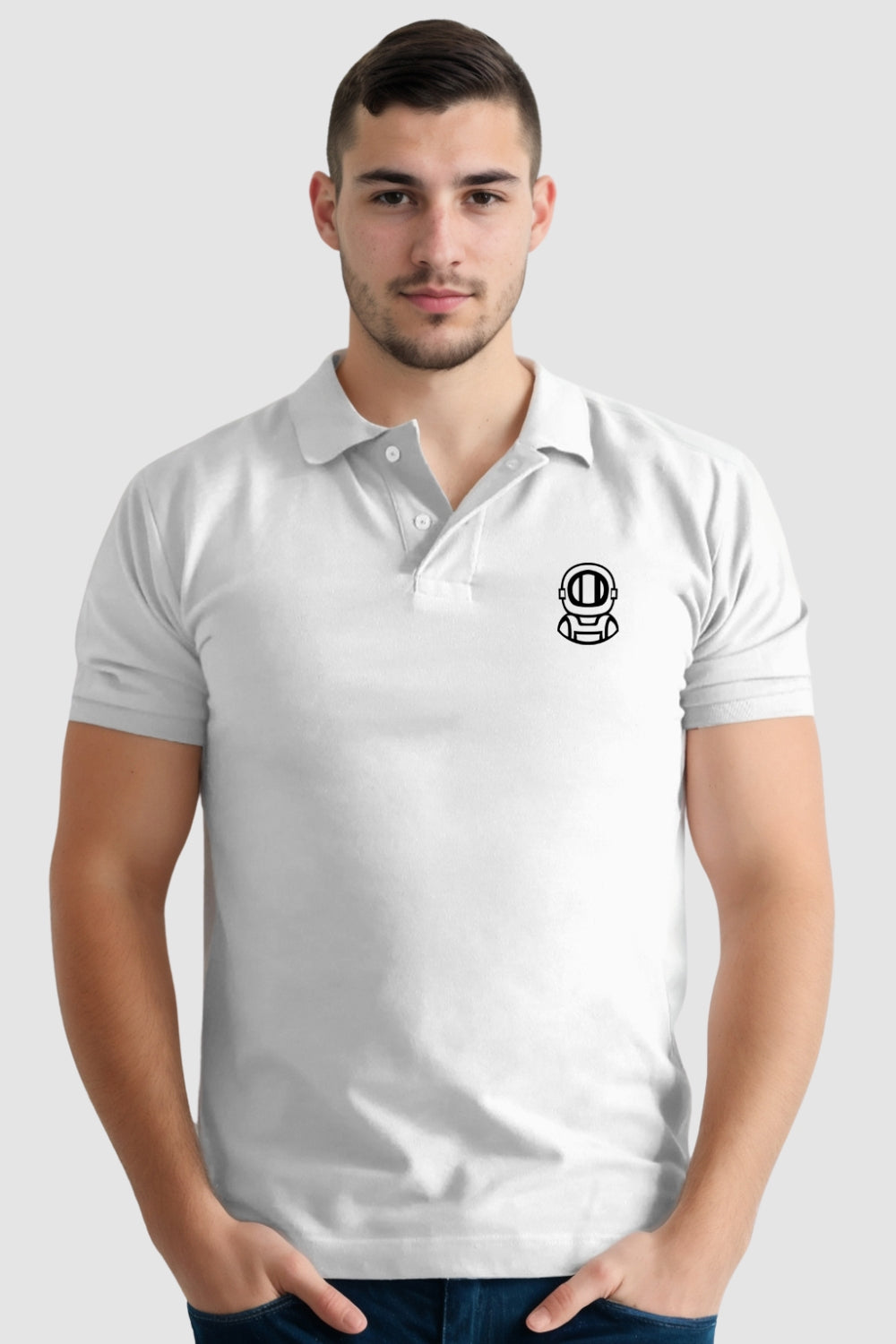 Space Suit Pocket Printed White Polo Tshirt