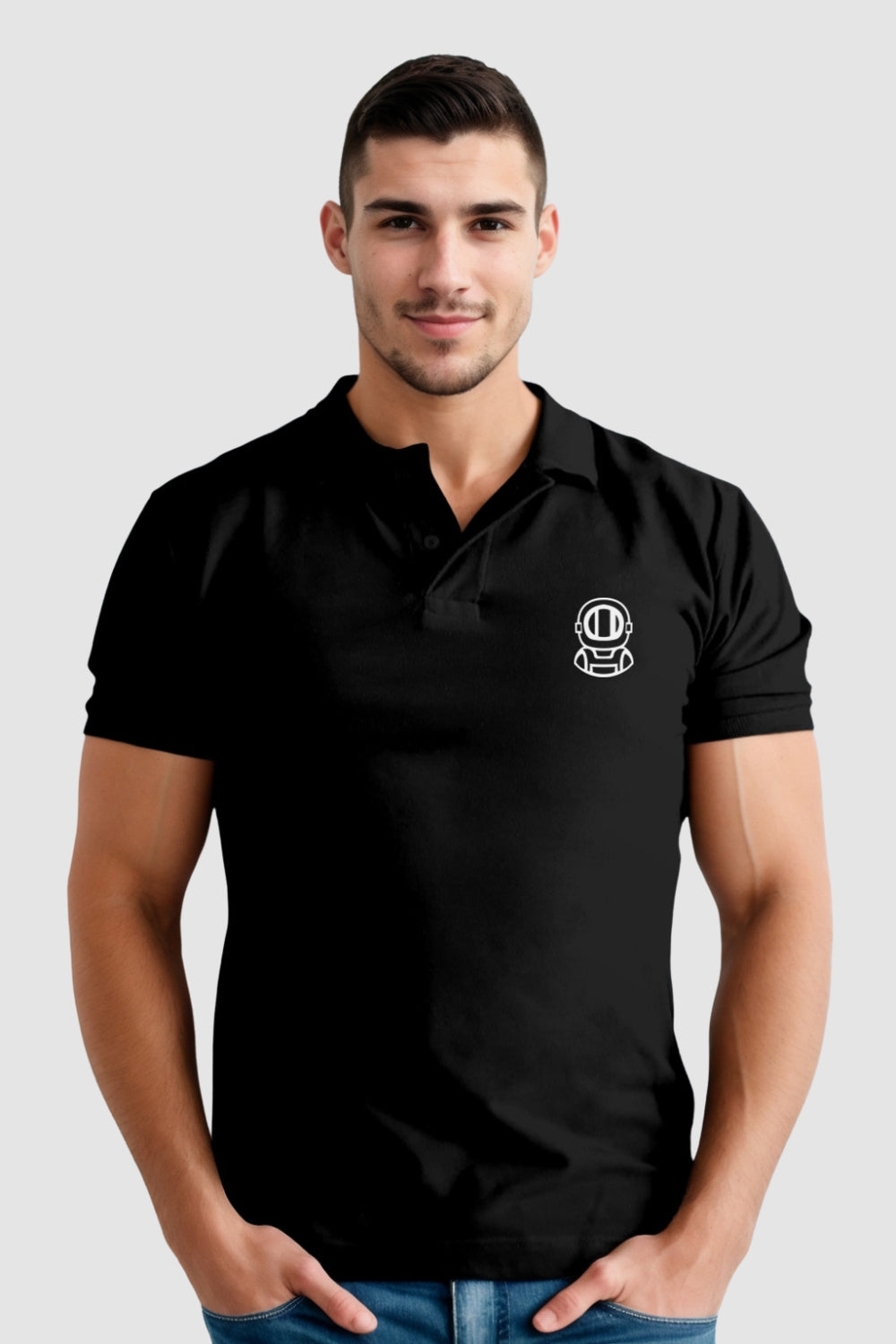 Space Suit Pocket Printed Black Polo Tshirt