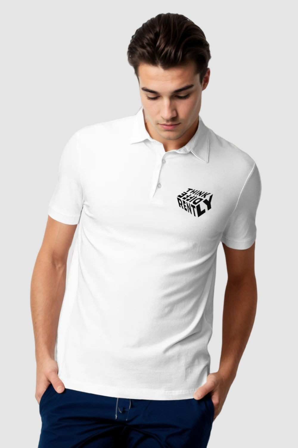Think Differently Pocket Printed White Polo Tshirt