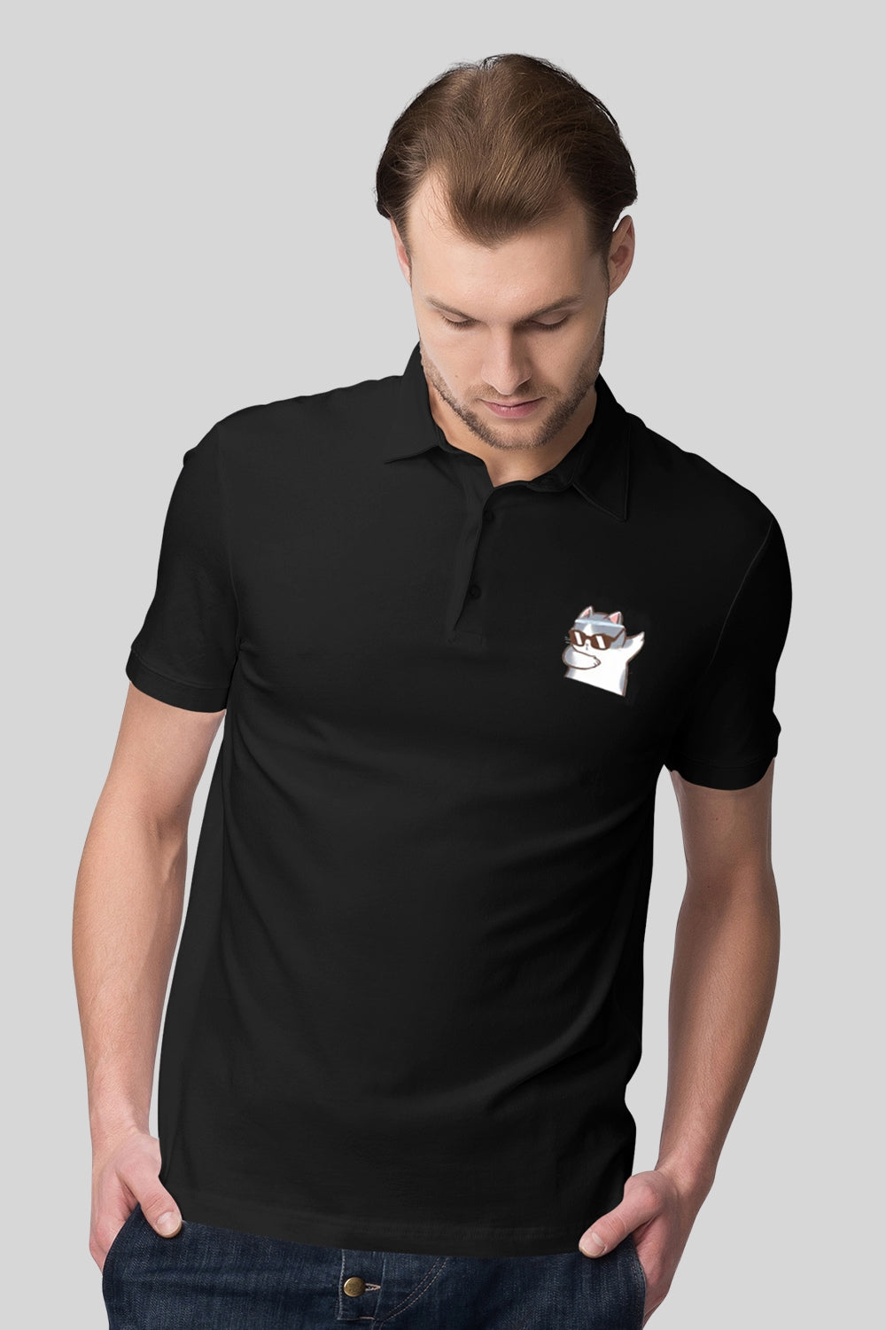Cat Dab Pocket Printed Black Polo Tshirt