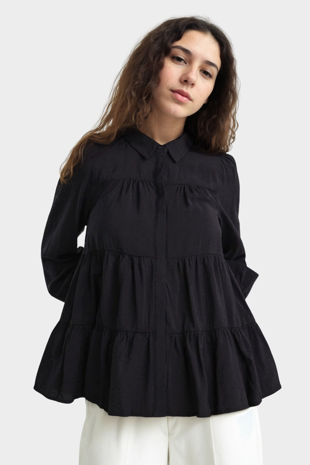Tiered Poplin Shirt  In Black