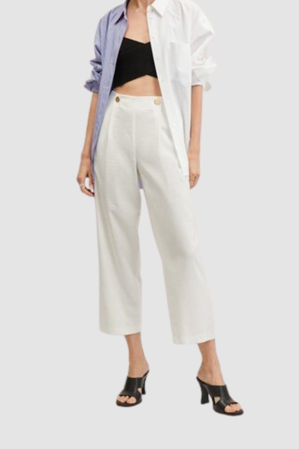 Cropped Button White Trousers