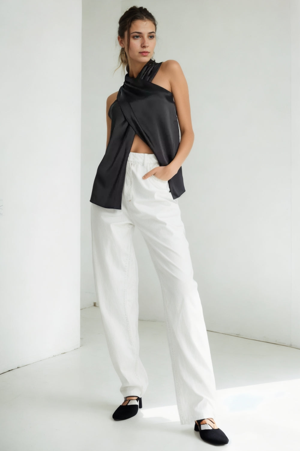 Wrap Front Sleeveless Blouse With Pleat Shoulder