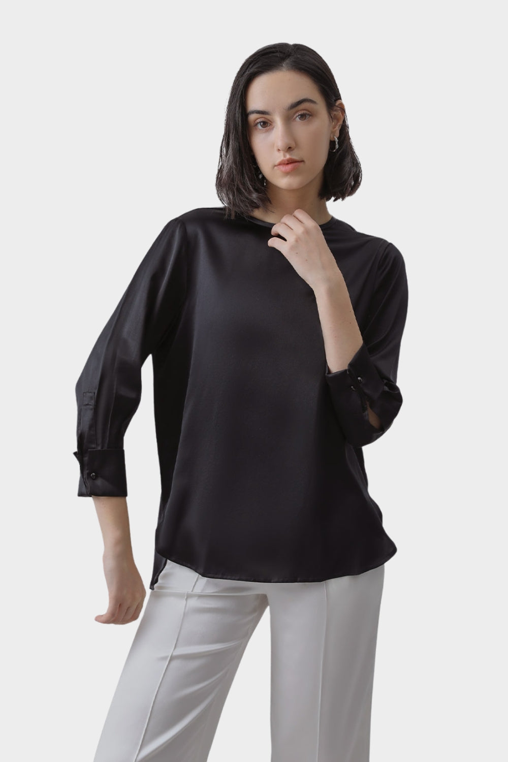 Cute Black Round Neck Silky Blouse