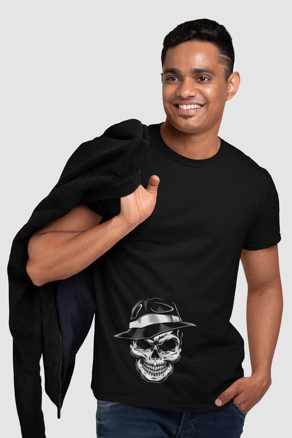 Skull Gangster Asymmetric Printed Black Tshirt