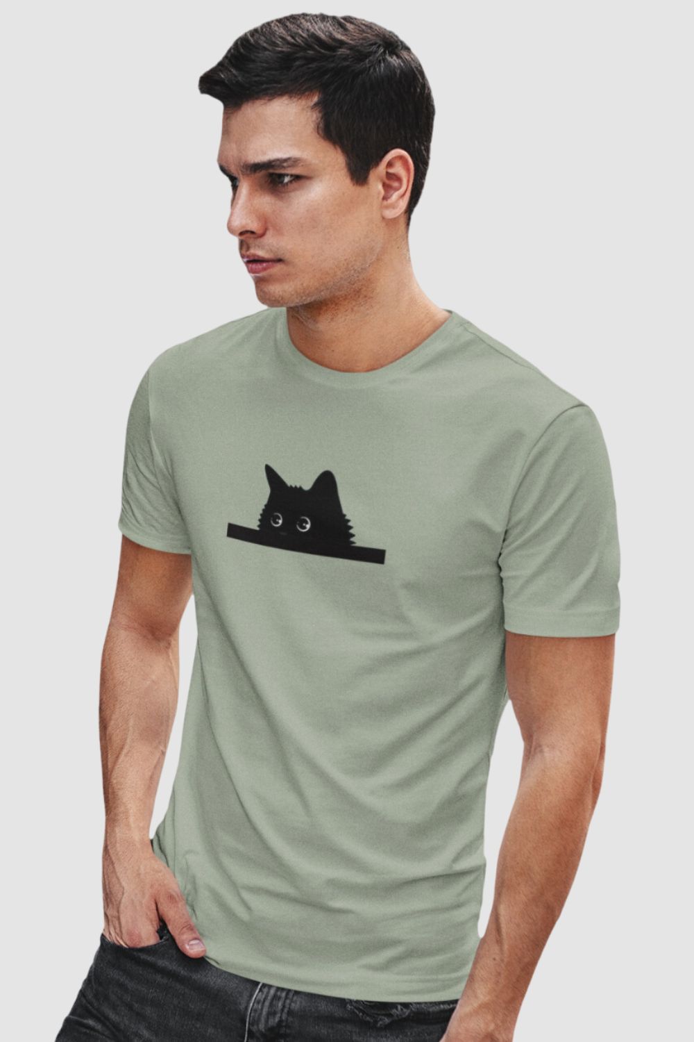 Peeping Cat Graphic Printed Pastel Green Tshirt