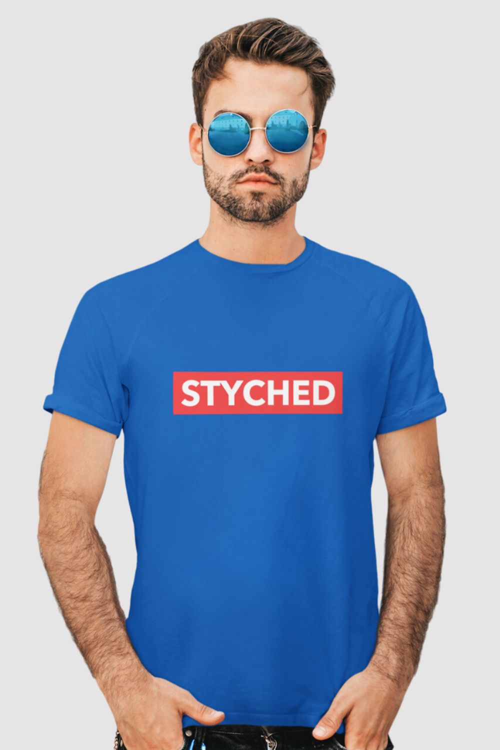 Red Styched Logo Graphic Printed Blue Tshirt