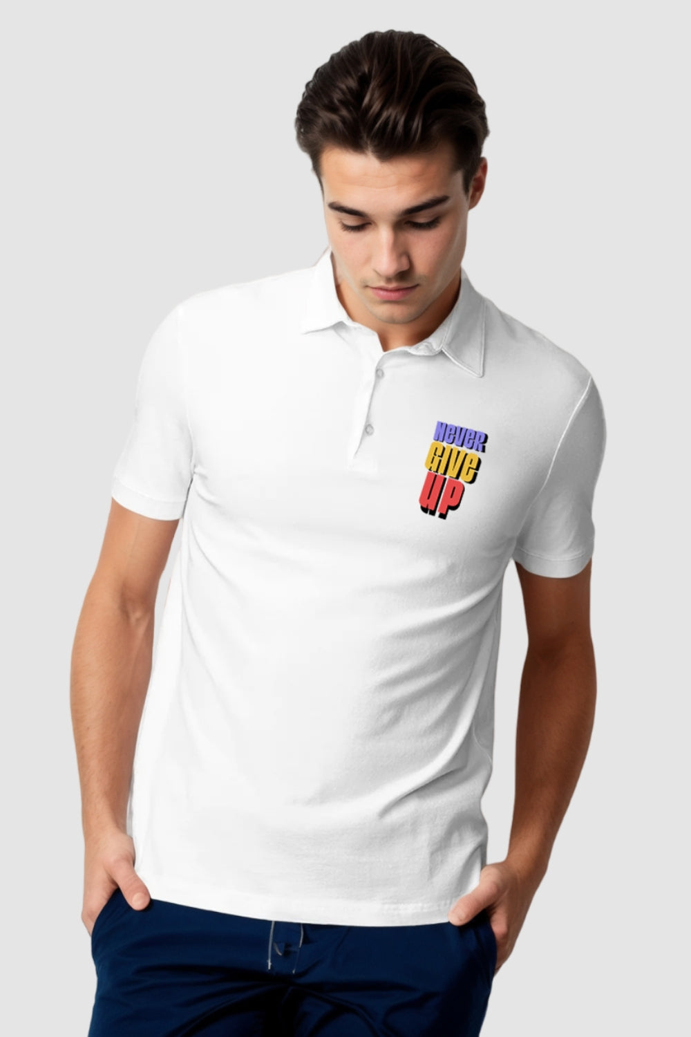 Never Give Up Pocket Printed White Polo Tshirt