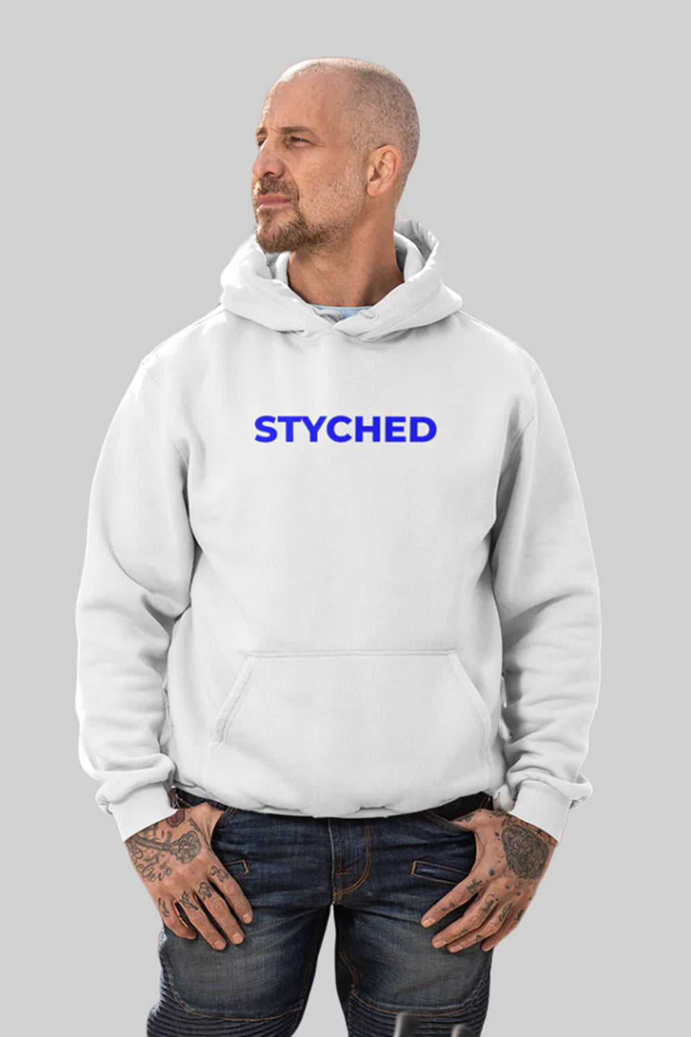 Blue Styched Print Premium Non Zipper White Hoodie