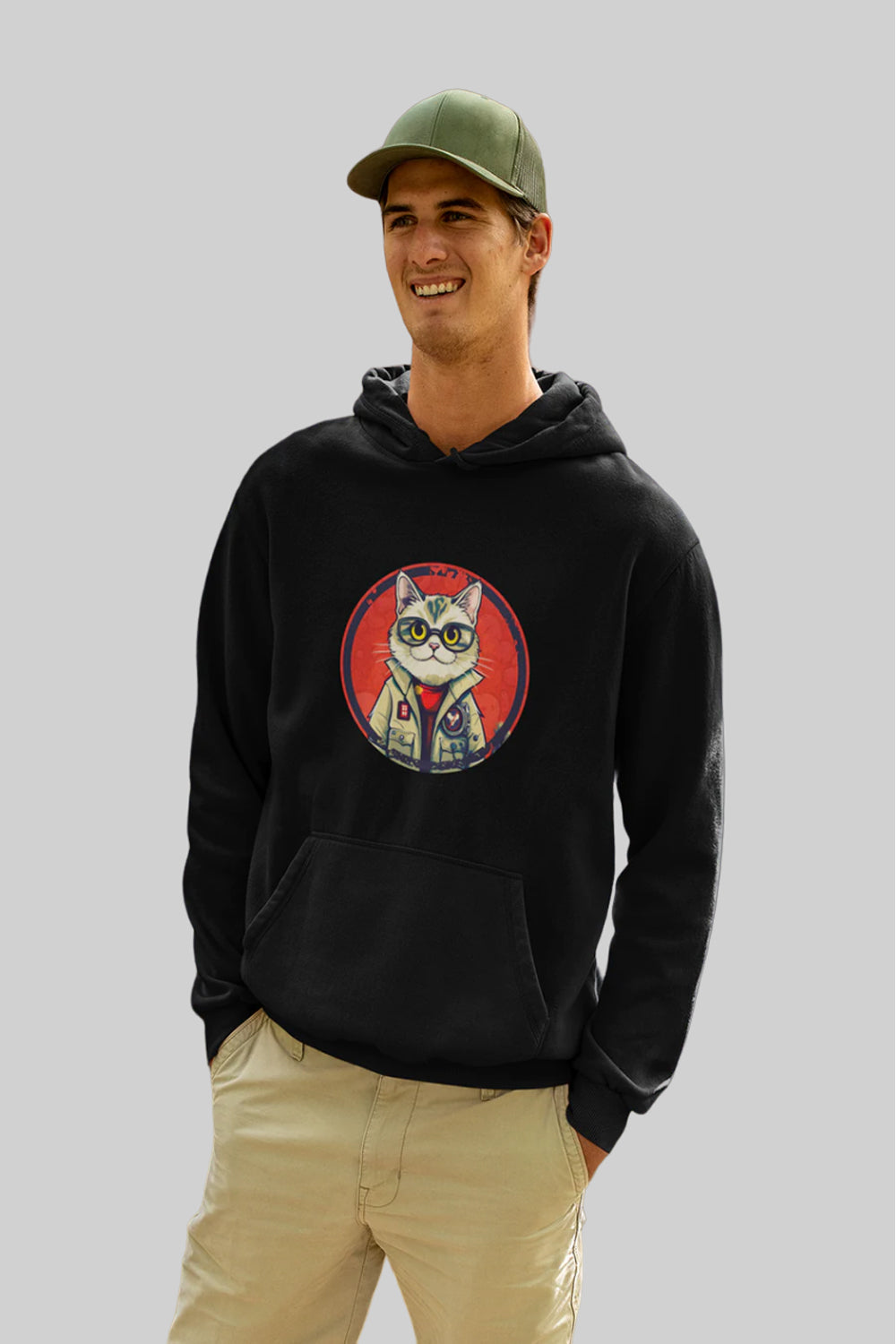 Cat With Glasses Premium Non Zipper Black Hoodie