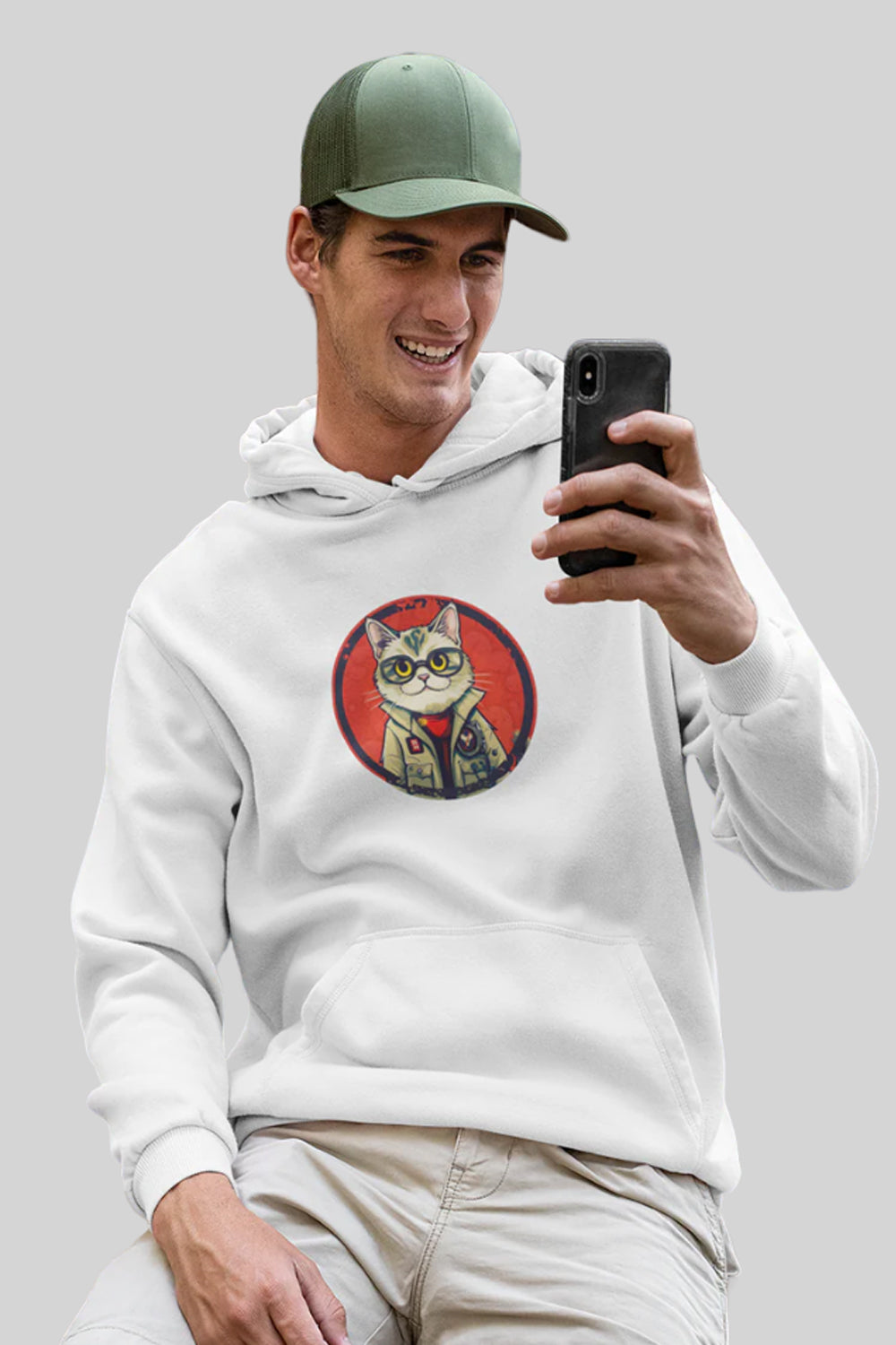 Cat With Glasses Premium Non Zipper White Hoodie