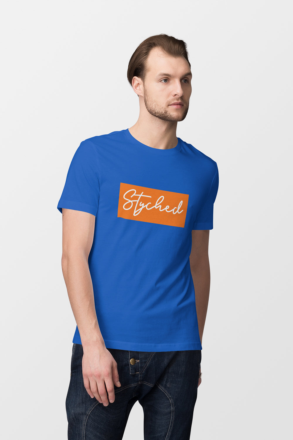 Orange Styched Logo Graphic Printed Blue Tshirt