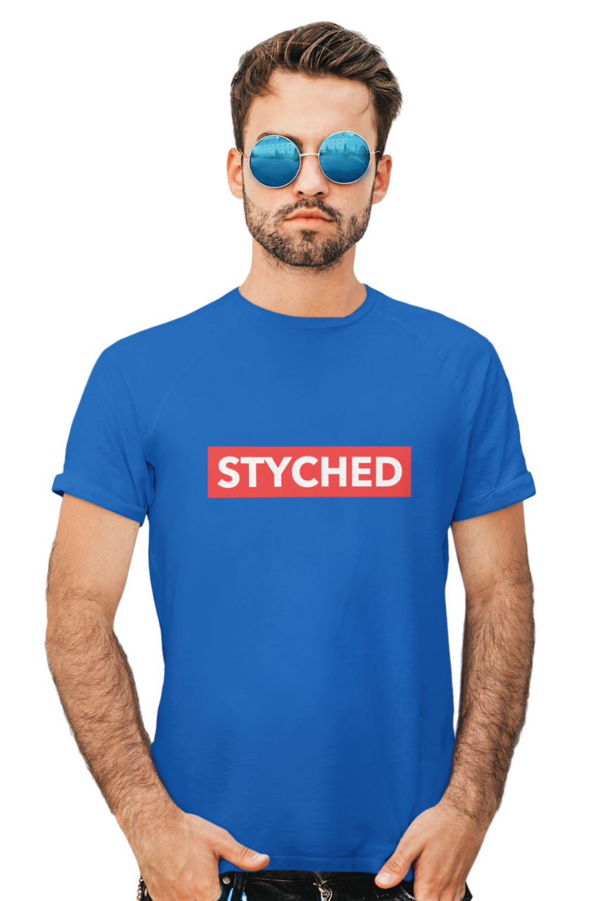 Red Styched Logo Graphic Printed Blue Tshirt