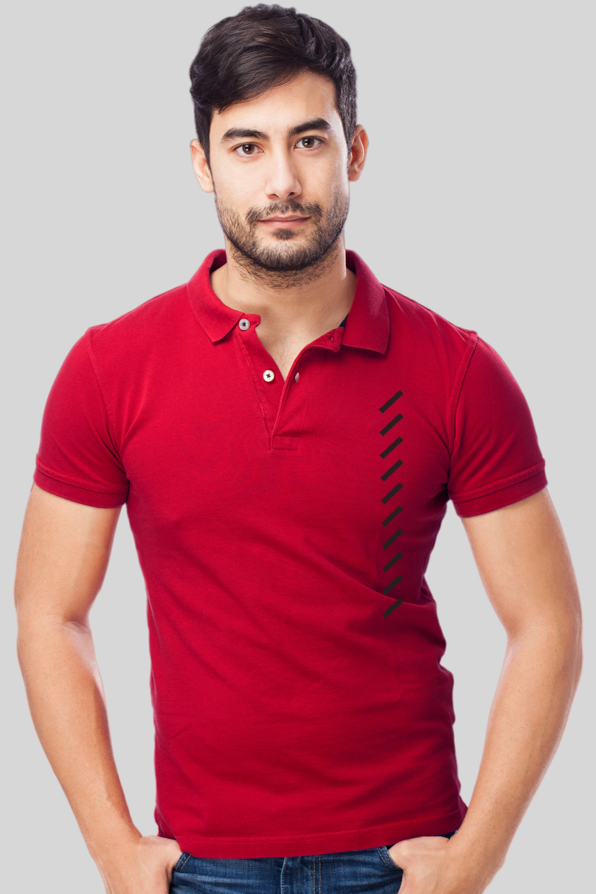 Vertical Line Pocket Printed Red Polo Tshirt