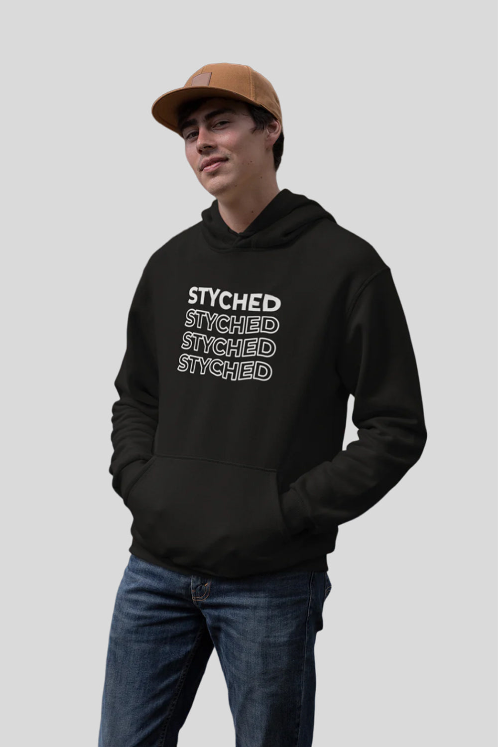 White Styched Print Premium Non Zipper Black Hoodie