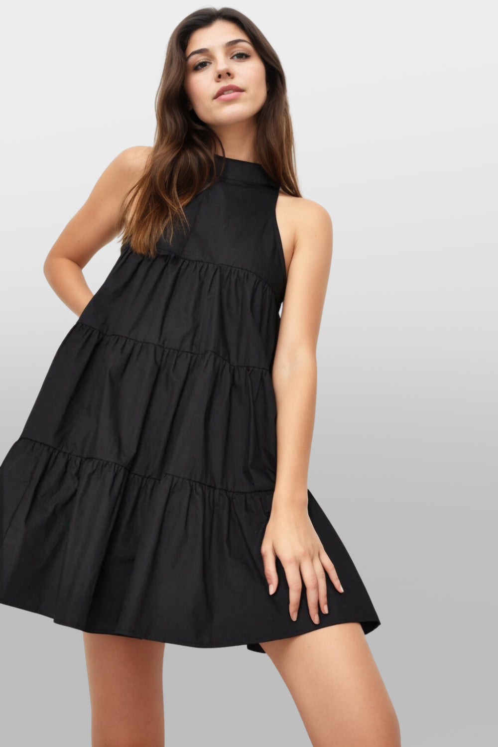 High Neck Ruffled Mini Dress In Black
