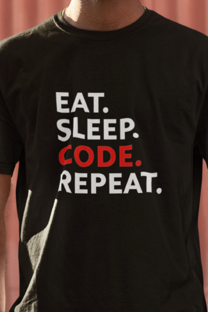 Eat Sleep Code Printed Black Round Neck Tshirt