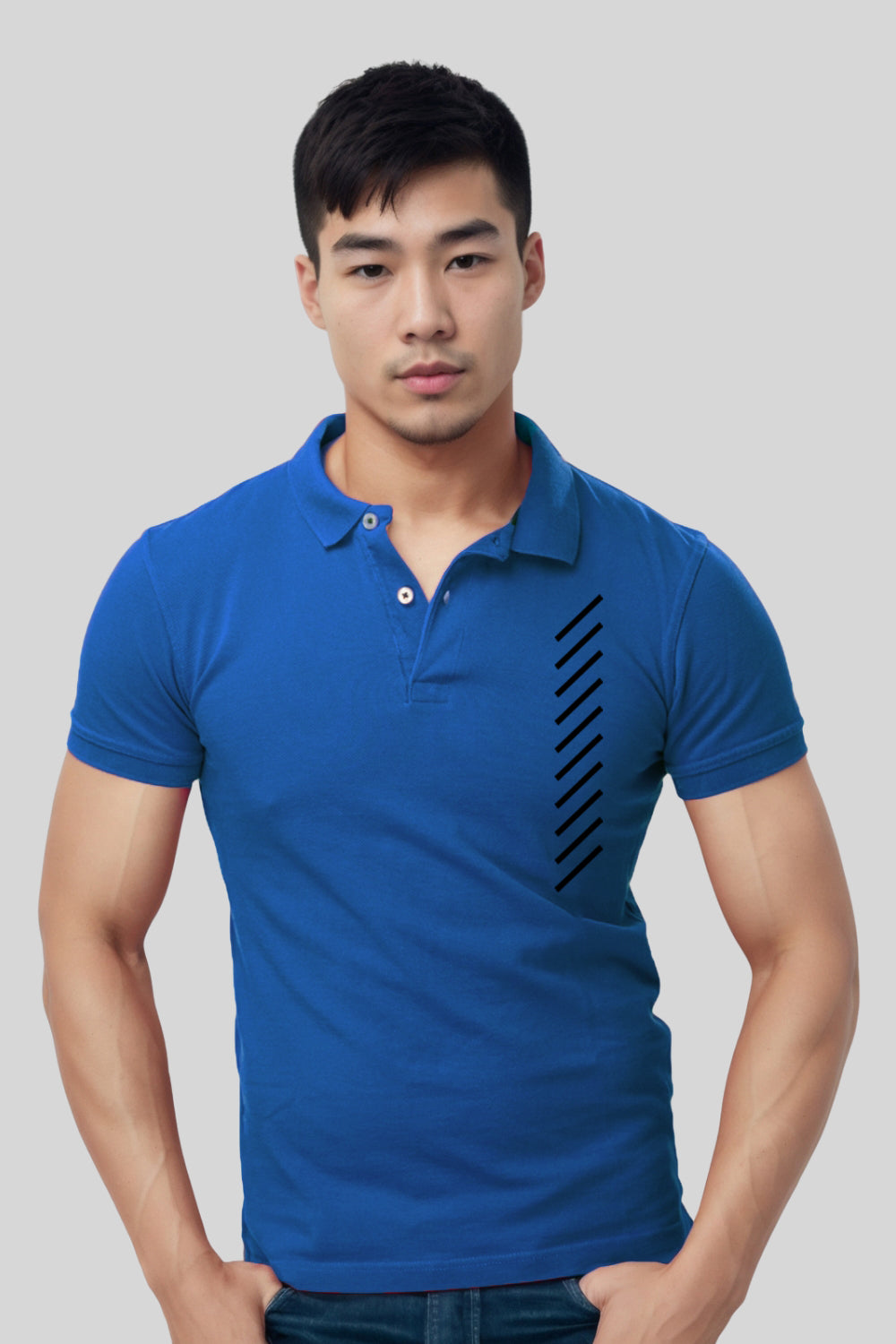 Vertical Line Pocket Printed Blue Polo Tshirt