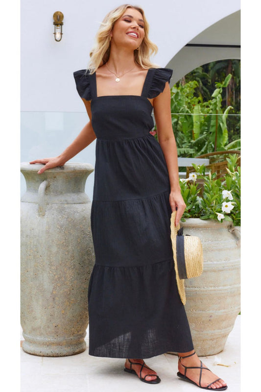 Black Ruffle Sleeve Midi Dress
