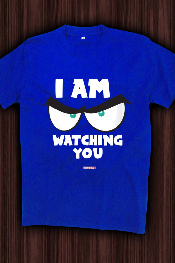 Angry eyes telling us that Big Brother is watching - Quirky Graphic T-Shirt Blue Color