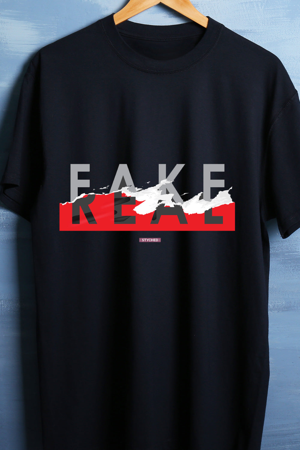 Fake or Real - Torn effect graphic tee black color round neck