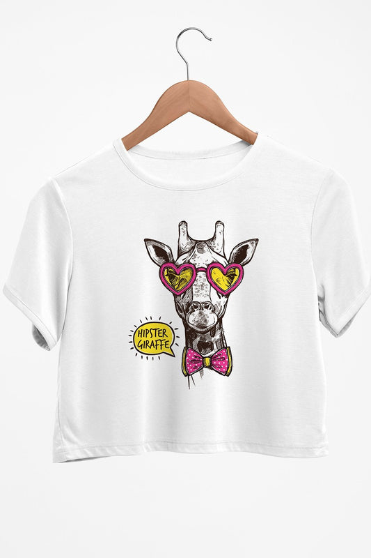 Hipster Giraffe Graphic Printed White Crop Top