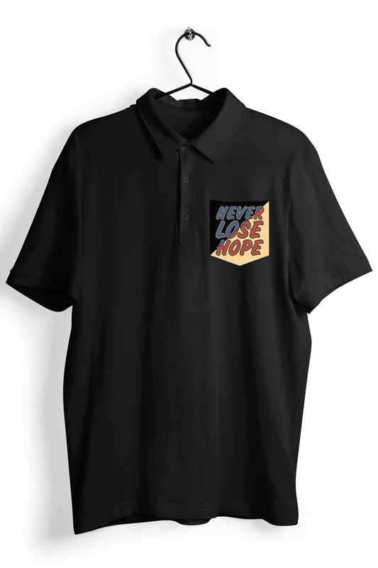 Never Lose Hope Graphic Pocket Printed Black Polo Shirt