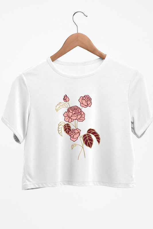 Pink Roses Graphic Printed White Crop Top