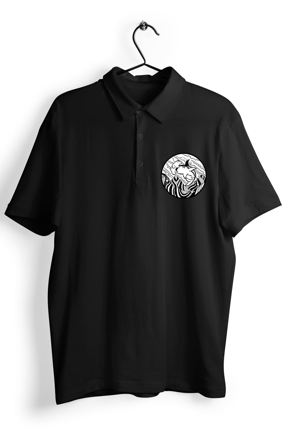 Shark In Circle Graphic Pocket Printed Black Polo Shirt