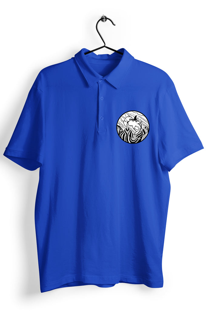 Shark In Circle Graphic Pocket Printed Blue Polo Shirt