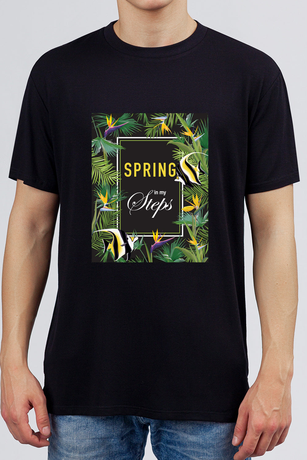 Spring in my Steps - Grunge Tropical Printed Black Tee
