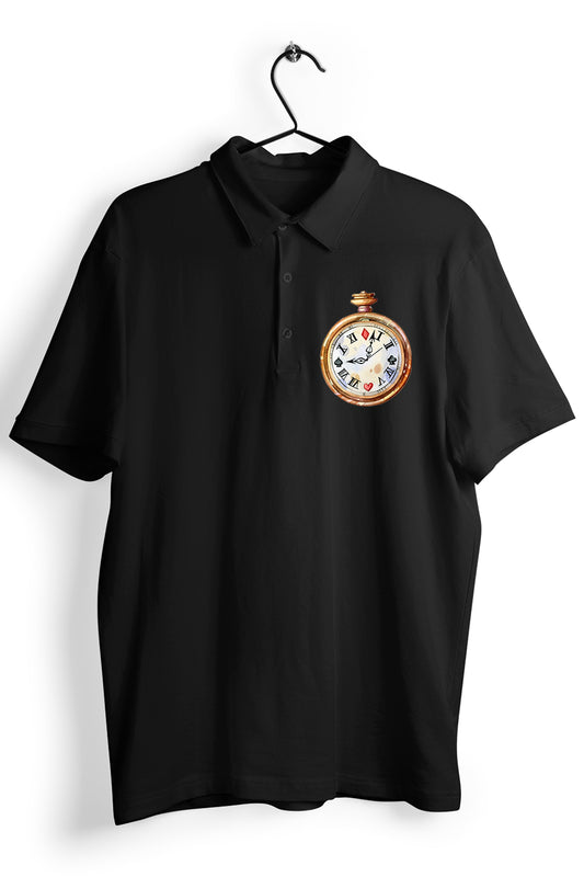 Stop Watch Graphic Pocket Printed  Black Polo Shirt